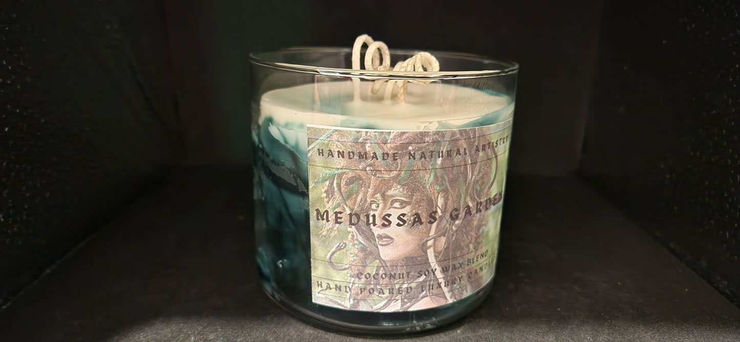 3 wick candle for him unique gift green candle wood smell candle super strong candle  Medussas garden 16 oz 3 wick candle
