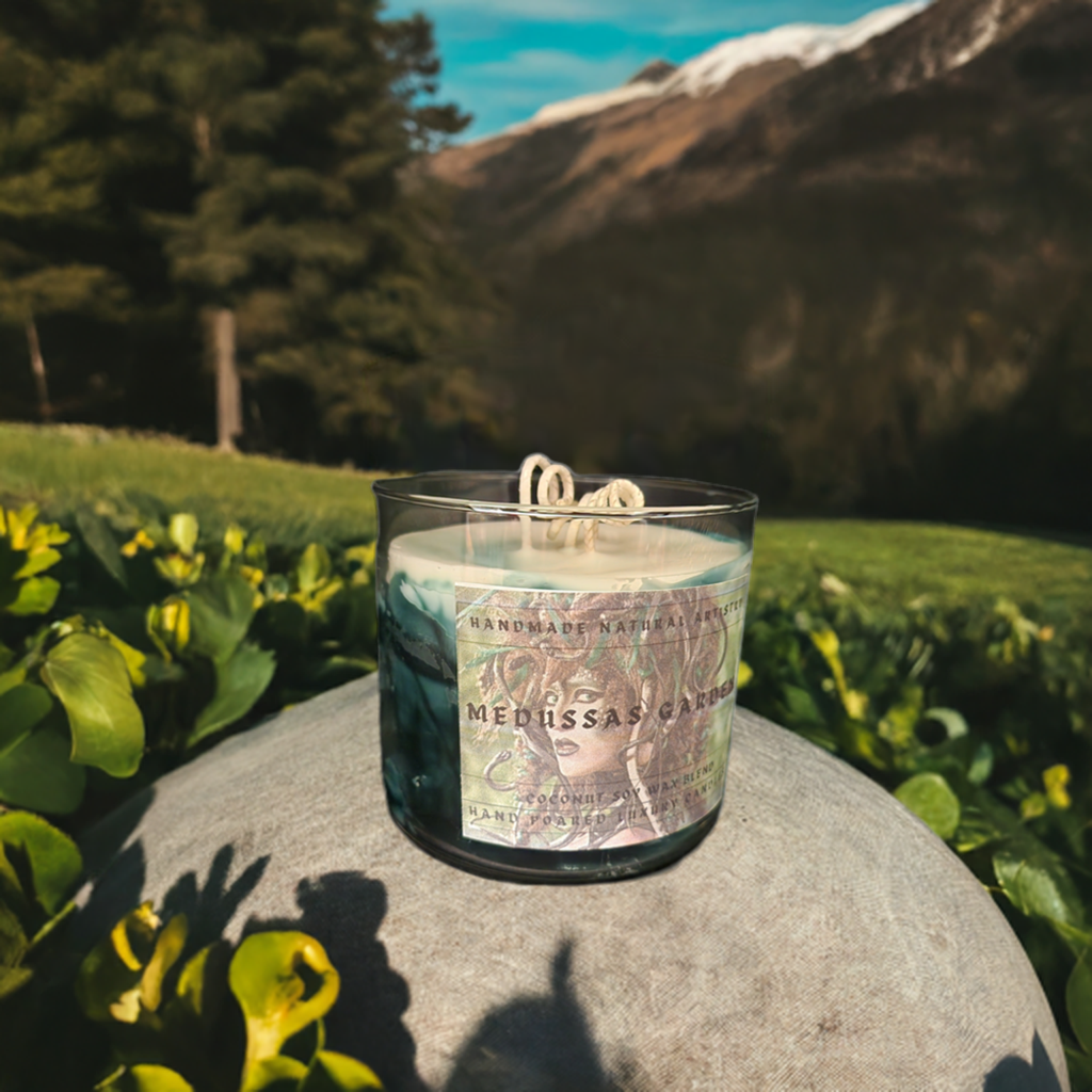 3 wick candle for him unique gift green candle wood smell candle super strong candle  Medussas garden 16 oz 3 wick candle