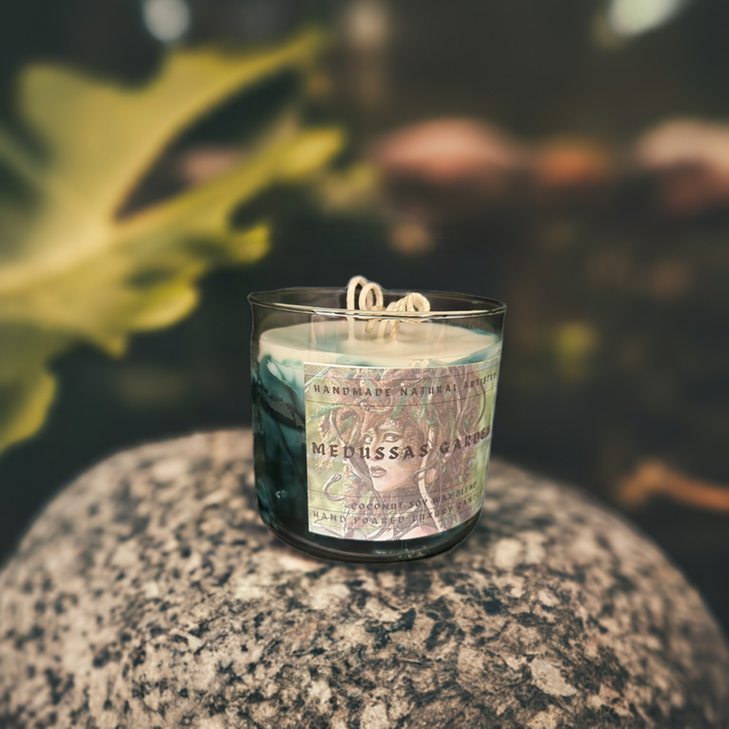 3 wick candle for him unique gift green candle wood smell candle super strong candle  Medussas garden 16 oz 3 wick candle