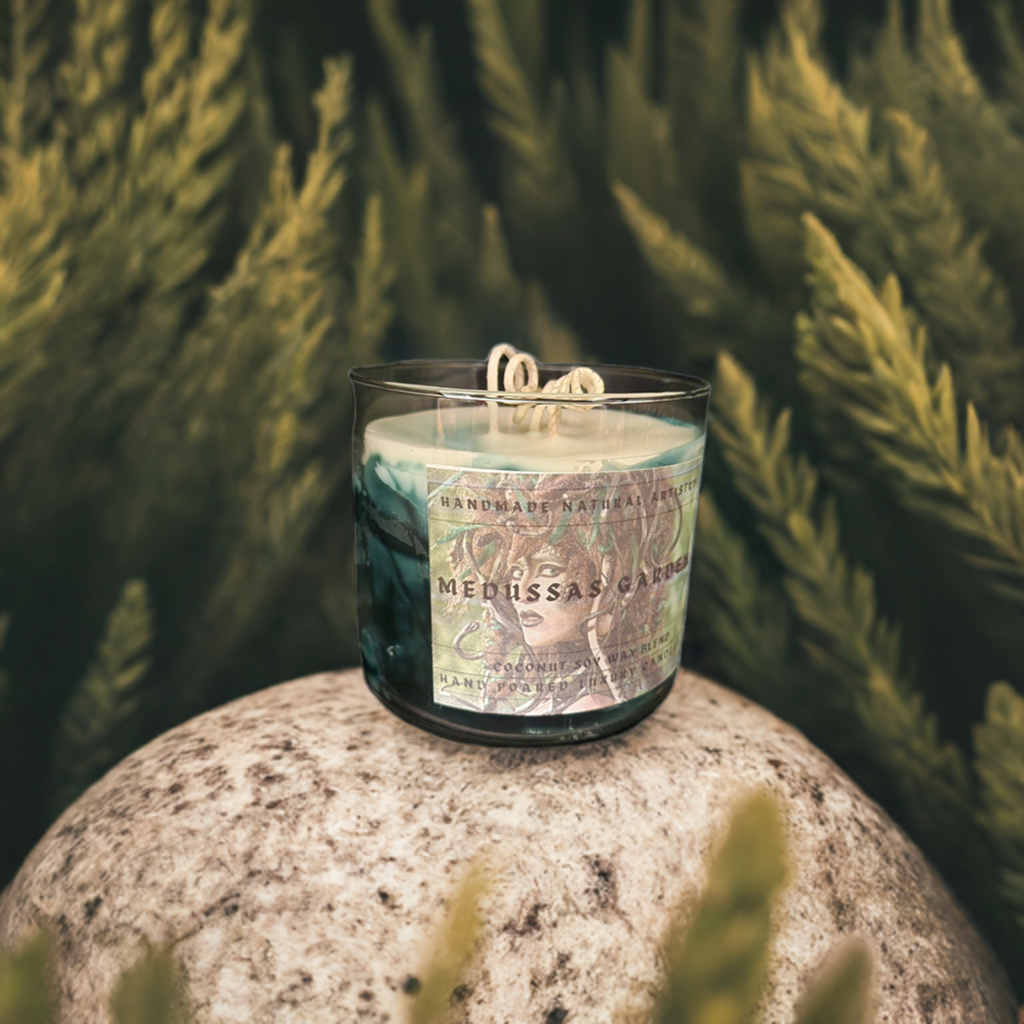 3 wick candle for him unique gift green candle wood smell candle super strong candle  Medussas garden 16 oz 3 wick candle