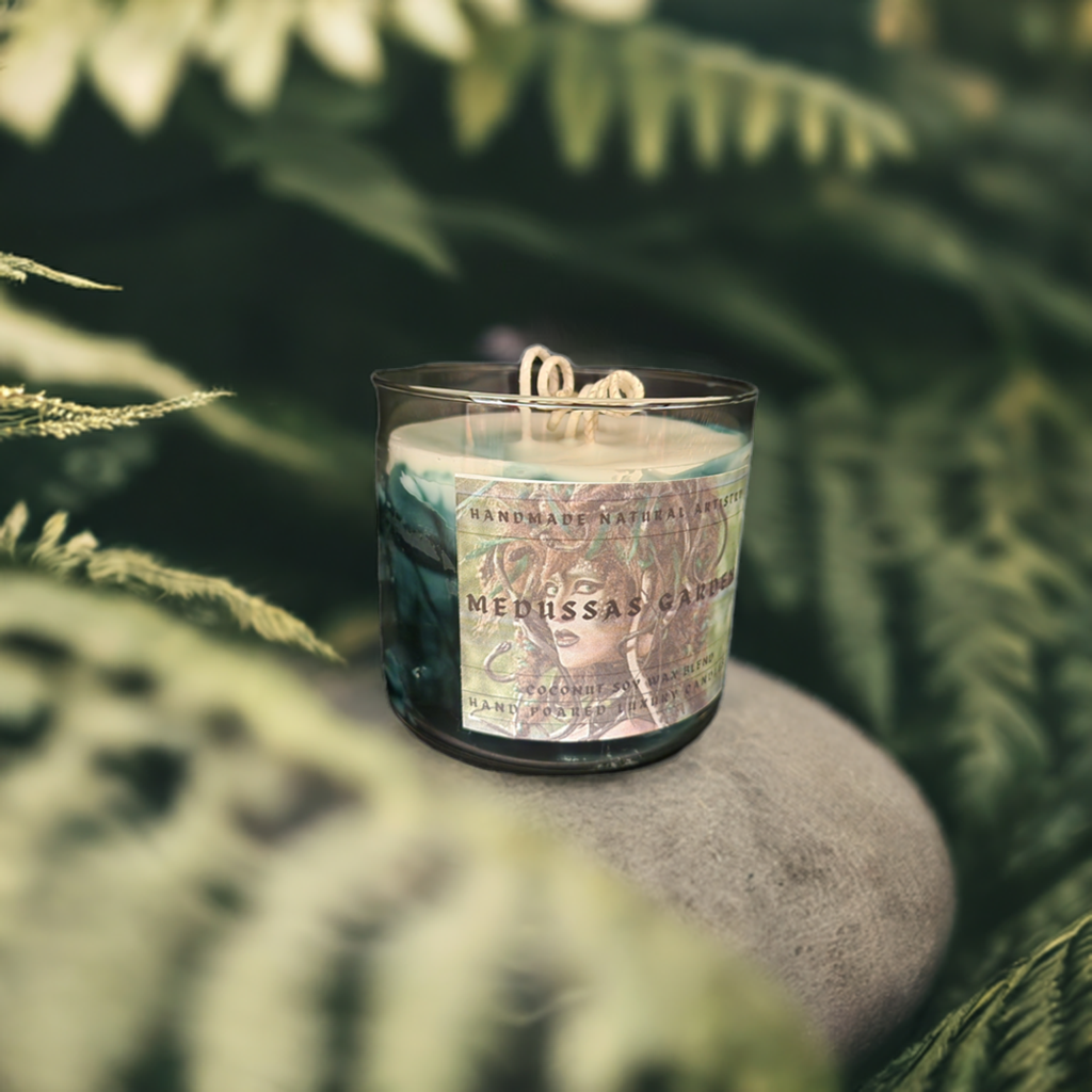 3 wick candle for him unique gift green candle wood smell candle super strong candle  Medussas garden 16 oz 3 wick candle