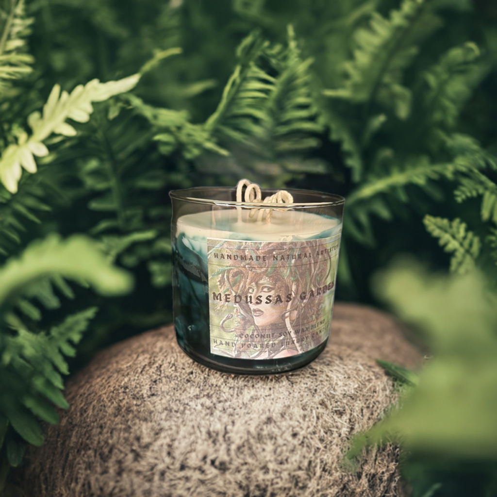 3 wick candle for him unique gift green candle wood smell candle super strong candle  Medussas garden 16 oz 3 wick candle