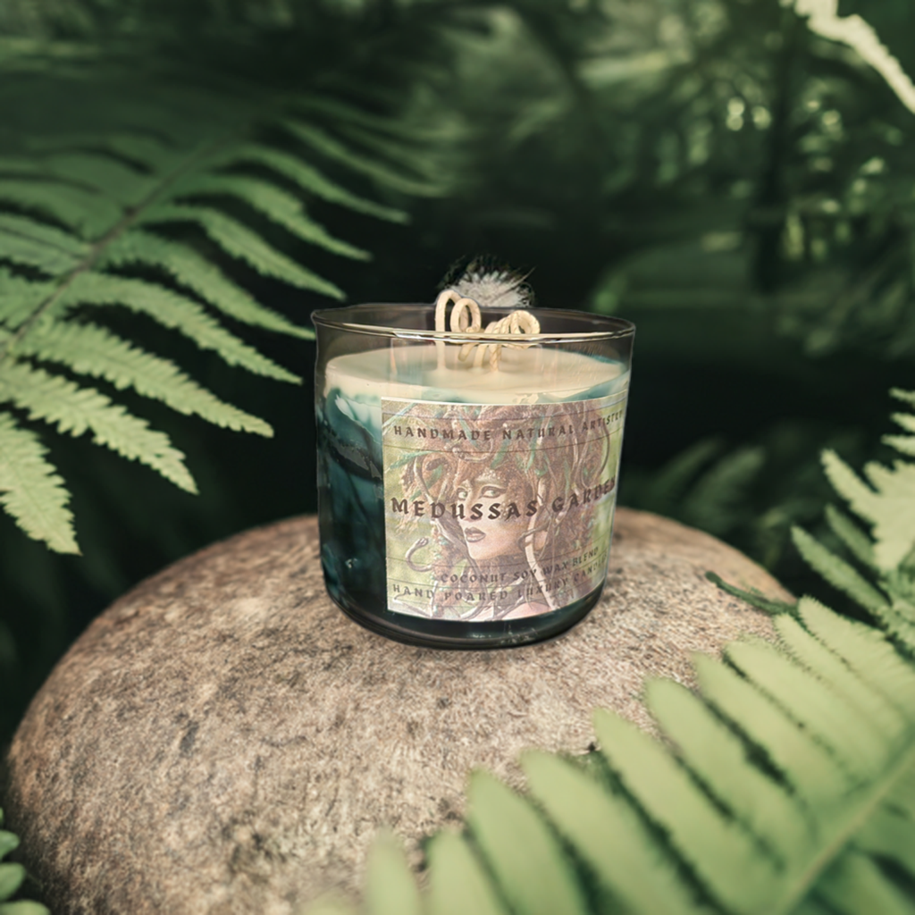 3 wick candle for him unique gift green candle wood smell candle super strong candle  Medussas garden 16 oz 3 wick candle