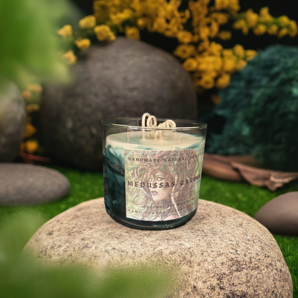 3 wick candle for him unique gift green candle wood smell candle super strong candle  Medussas garden 16 oz 3 wick candle