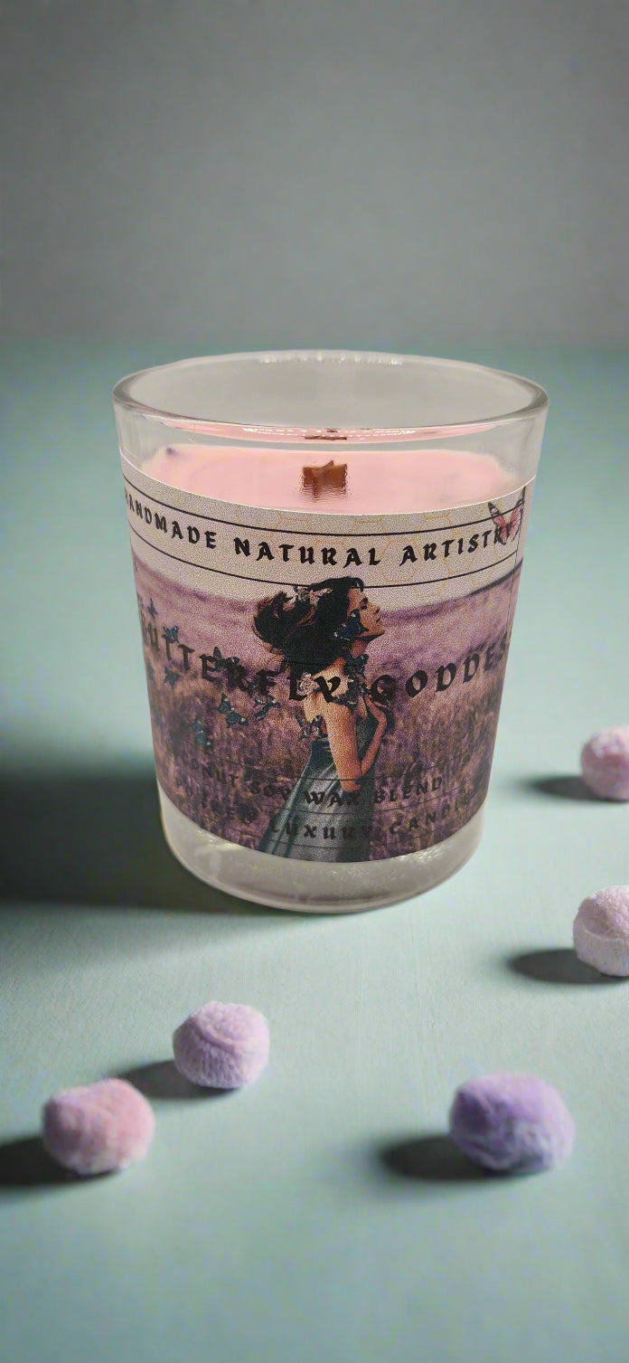 Pink Sugar & Pomegranate Scented Candle - butterfly goddess 6 oz wood wick candle