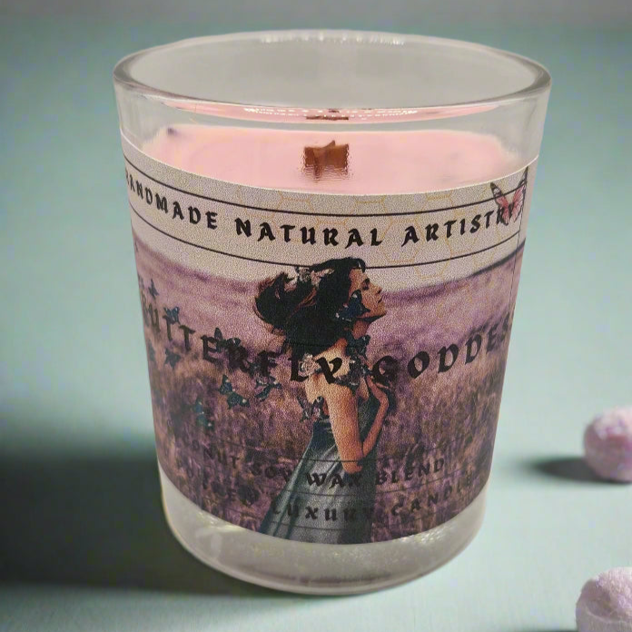 Pink Sugar & Pomegranate Scented Candle - butterfly goddess 6 oz wood wick candle