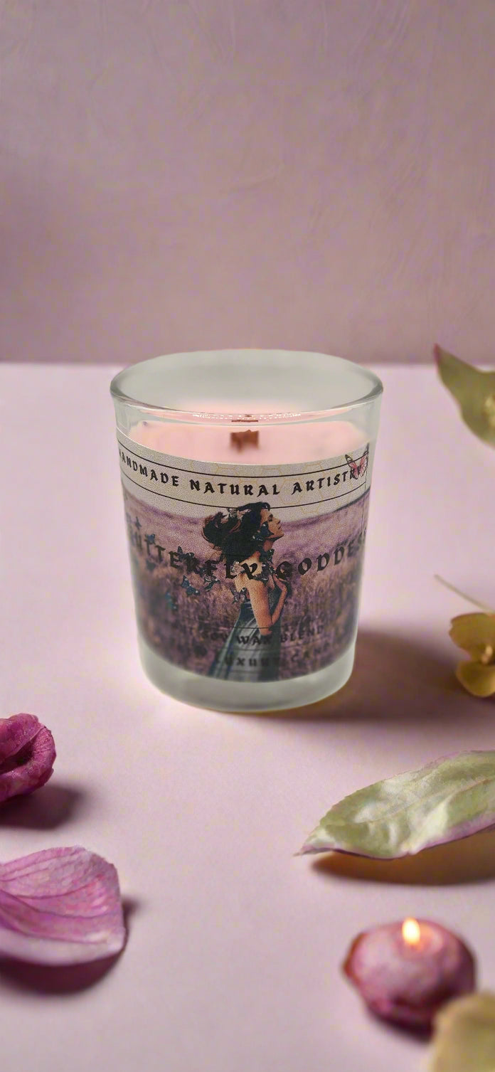 Pink Sugar & Pomegranate Scented Candle - butterfly goddess 6 oz wood wick candle