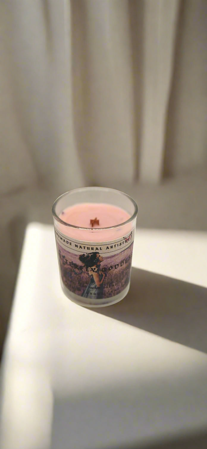 Pink Sugar & Pomegranate Scented Candle - butterfly goddess 6 oz wood wick candle
