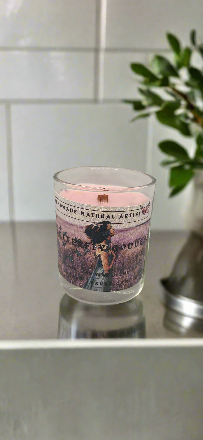 Pink Sugar & Pomegranate Scented Candle - butterfly goddess 6 oz wood wick candle